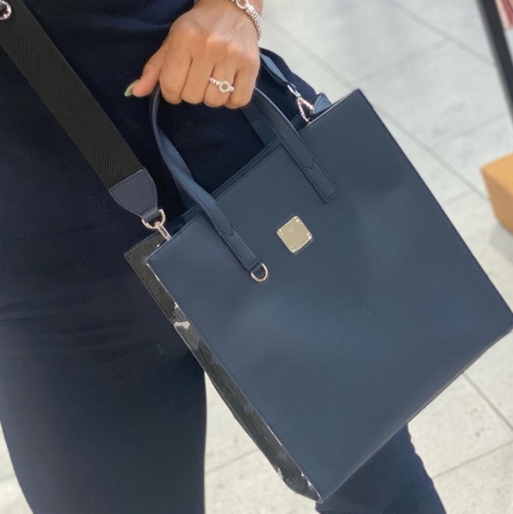 MCM Navy/Black Leather Messenger Tote Bag with Camo/Floral Print - Picture 10 of 17